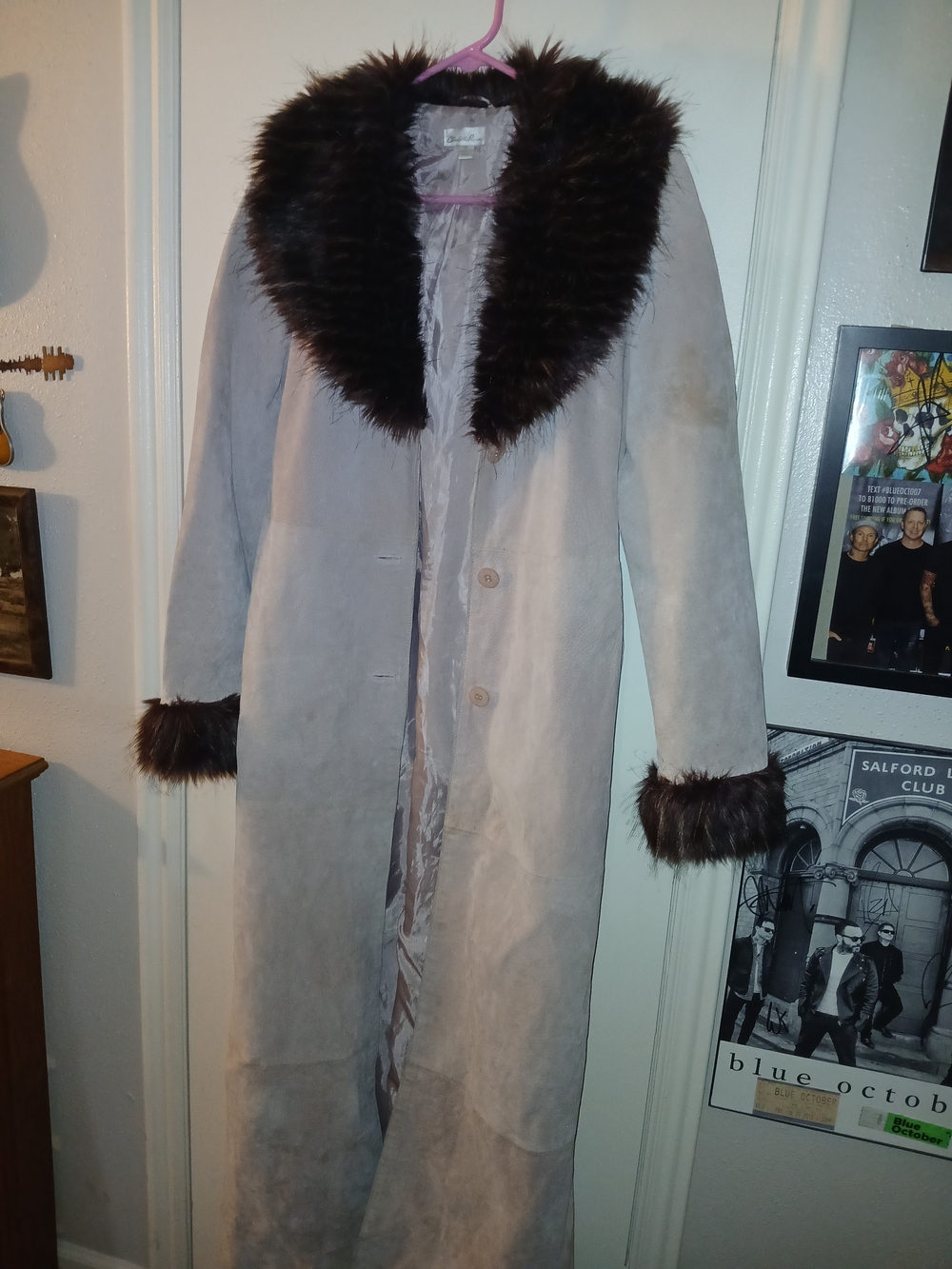 Charlotte Russe Light Gray Long Leather Coat with Dark Brown Faux Fur Trim